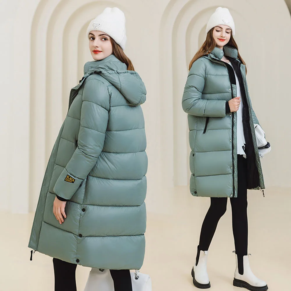 2024 Winter Zwart Goud Donsjack Voor Dames Klassiekers Losse Katoenen Jas Over Knie Capuchon Parka Dames Trend Dikke Bovenkleding