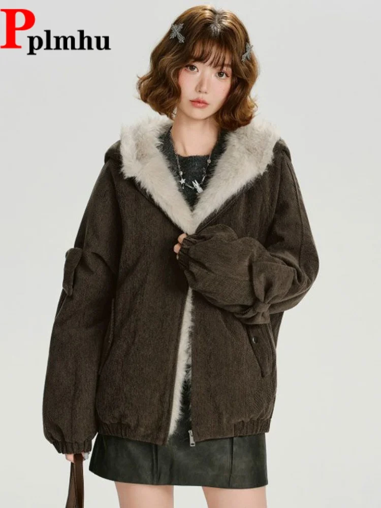 Thickened Warm Hooded Jackets Coat Women's Casual Vintage Korean Fashion Chaquetas Loose Zippers Fur Velvet Short Jaquetas