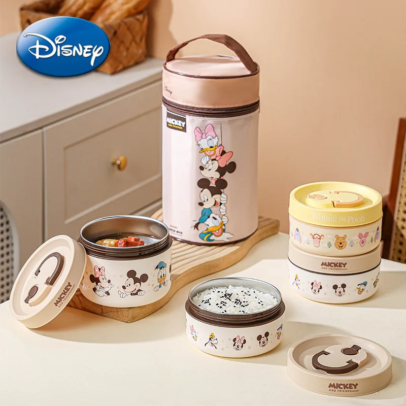 

Mickey Pooh Bear Stainless Steel Insulated Lunch Box 3 Piece Set Bento Bag Work Outdoor Picnic Portable with Lid Bowl Tableware