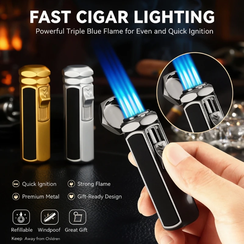 Powerful Butane Gas Cigar Lighter, Turbo 4 Torch Jet Flame, High-Pressure Straight Blue Flame, Durable Metal Body