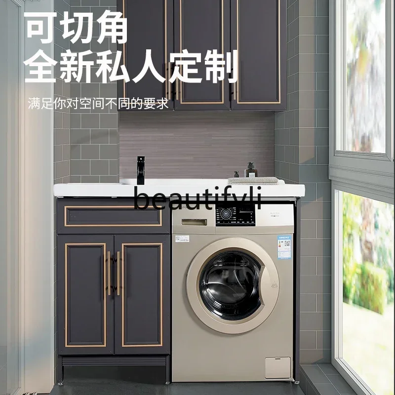 Hot sales Balcony with washboard integrated ceramic basin laundry cabinet space aluminum waterproof sunscreen cabinet customizat
