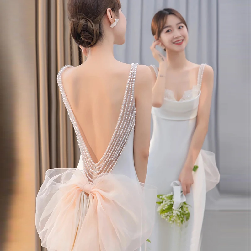 

Backless Mermaid Wedding Dresses Luxury Satin Vestido De Noiva Classic Spaghetti Straps Robe De Mariee Light Wedding Dress