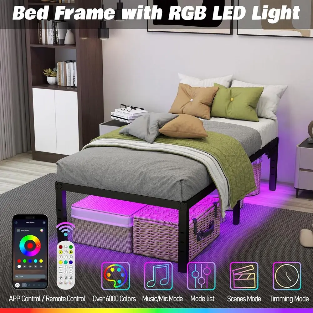 Twin Size 14 Platform Bed Frame with Ample Storage, Durable Metal, Suitable for Kids (Black)