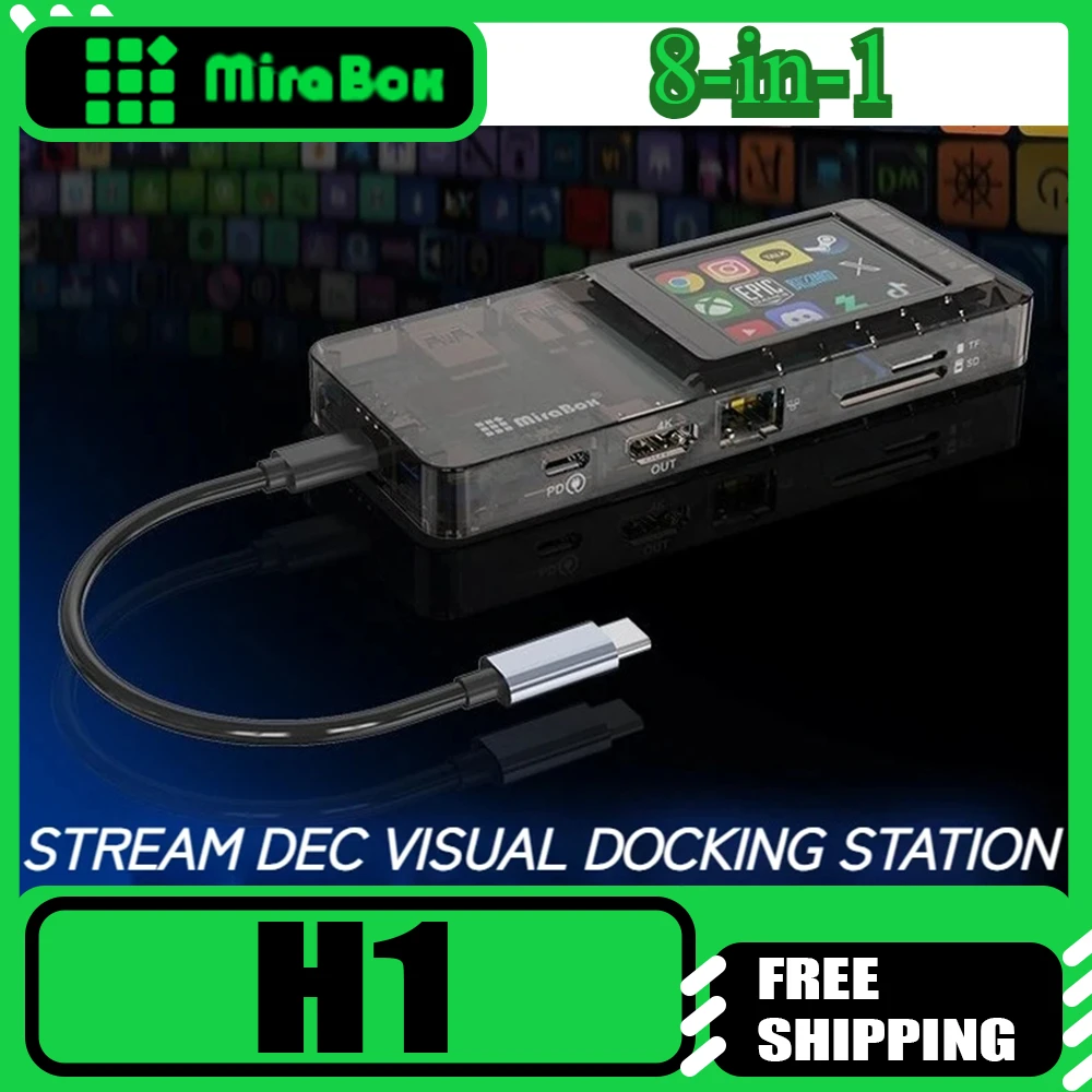 

New Mirabox H1 Type-C Visual Docking Station 8-in-1 Network Port Docking Station with Console Custom Button TF/SD Card Reader