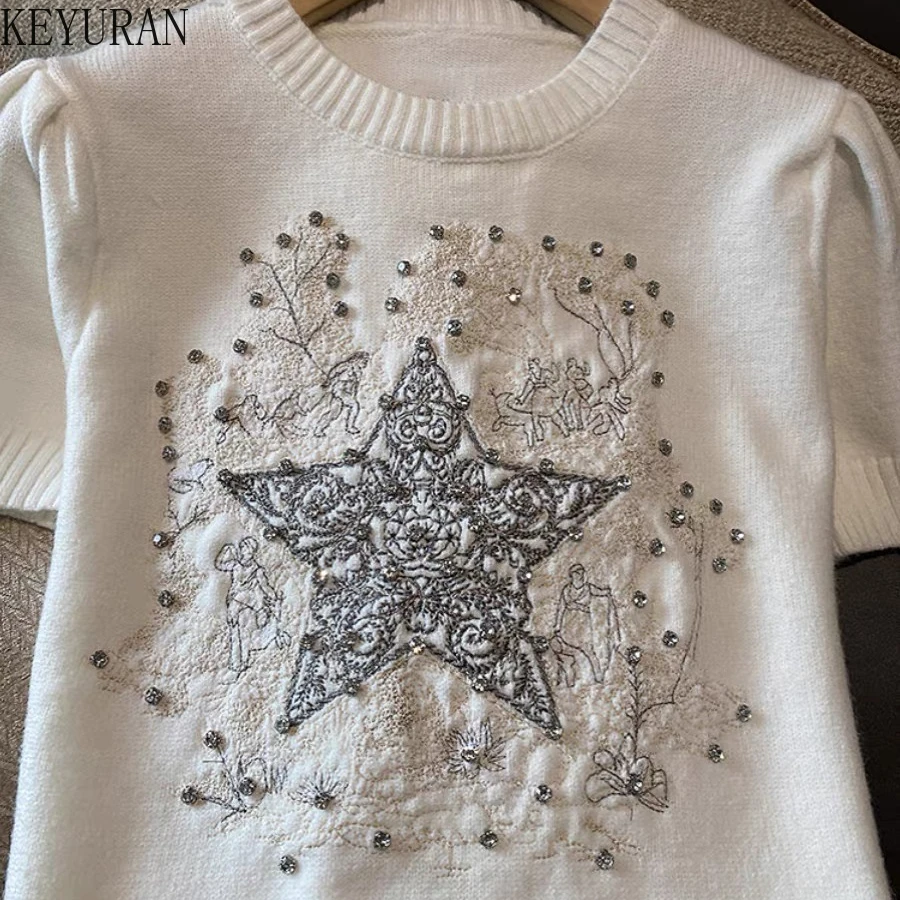 2024 Srping Summer Star Embroidery Diamonds Sweater Women Pullover Vintage Short Sleeve O-Neck Knitwear Tops Jumper Pull Femme