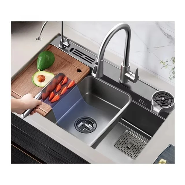 Above and Undermount Installation with Drainer Two Holes for the Kitchen Handmade Stainless Steel Single Bowl Kitchen Sink