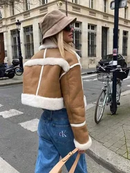 Mode Lamswol Patchwork Bont Eendelige Damesjas Casual Revers Lange Mouwen Kort Verdikt Jasje 2024 Nieuwe Dames Streetwear