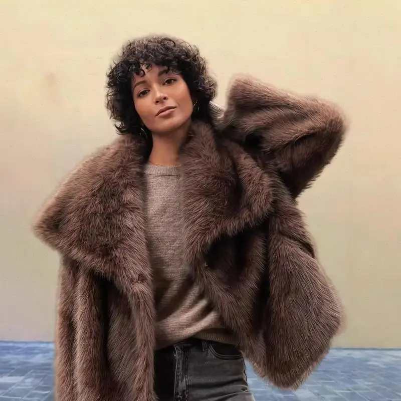 Women Faux Fur Coat Turn Down Collar Solid Streetwear Elegant Coats Thick Warm Loose Cardigan s Winter 2025