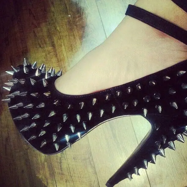 

Sexy Style Black Rivets Round Toe Women Pumps Shoes Stiletto Super High Heels Buckle Strap Large Size Clubnight Dress Shoes