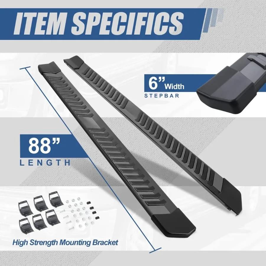 لوحات تشغيل بخطوات جانبية مقاس 6 بوصات مع دعامات تثبيت للوصول إلى شاحنة شديدة التحمل من الفولاذ المقاوم للصدأ مطلية بمسحوق أسود Nerf B