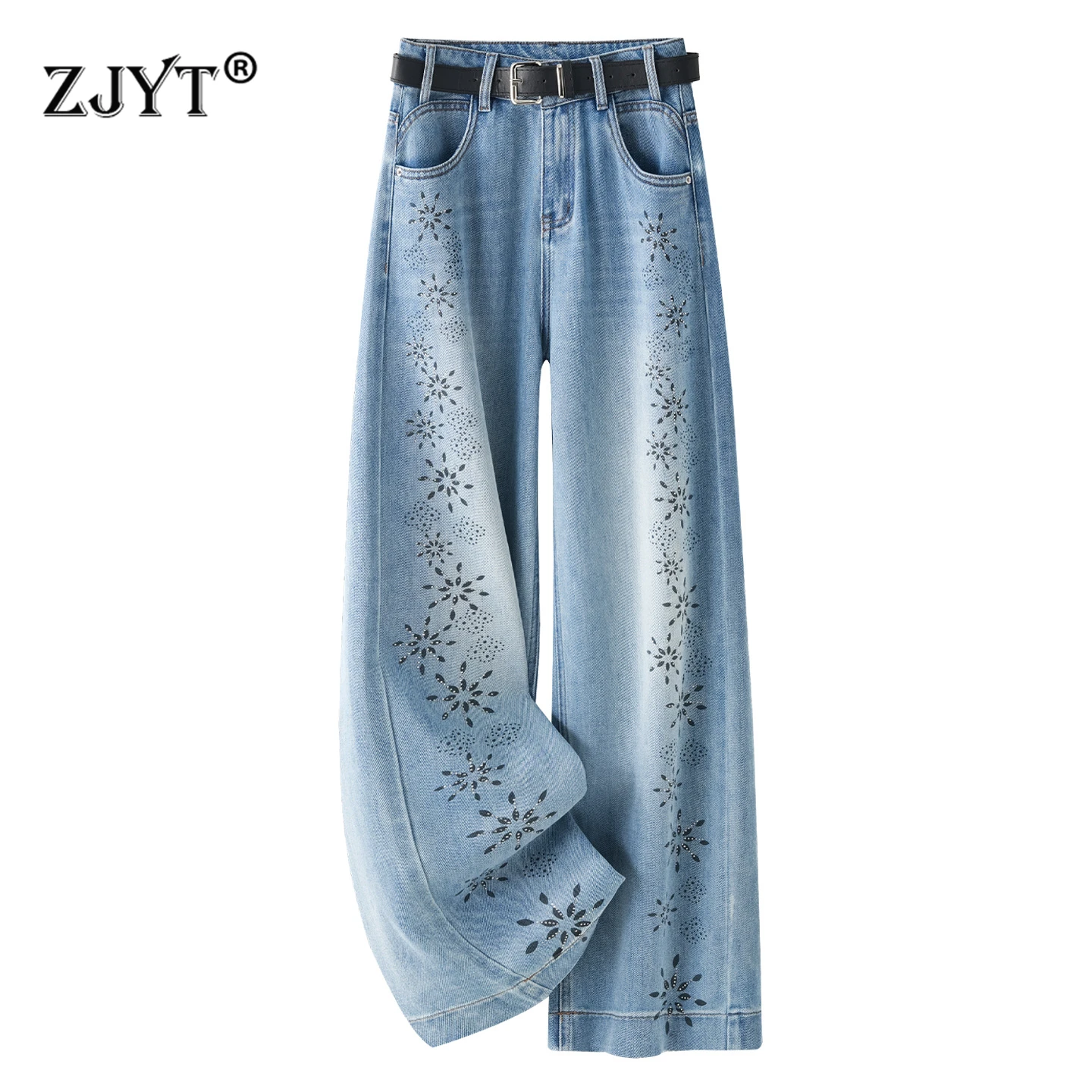 

ZJYT Light Blue Diamonds Jeans for Women Spring 2026 Fashion Wide Leg Denim Pants Female Lady Casual Trousers High Waist Loose