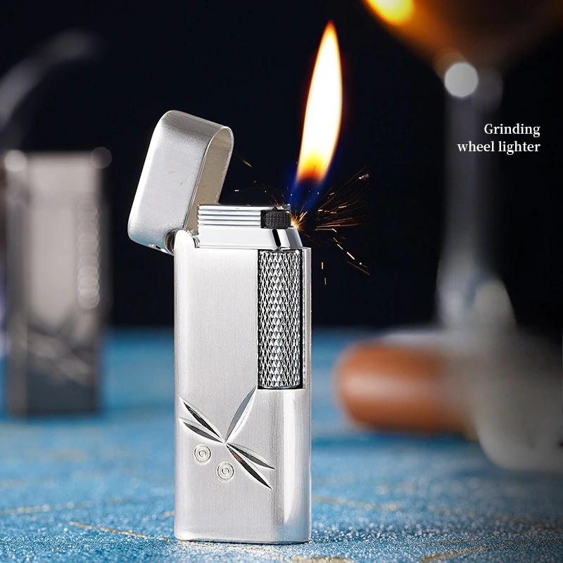 Silver-plated Butane Lighter, Side-slip Ignition Compact Refillable Engraved Design Men's Luxury Premium Metal
