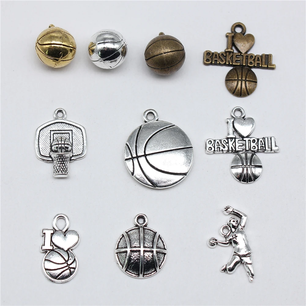 10 sztuk sportowe amulety koszykówka Charms do tworzenia biżuterii antyczne srebro kolorowe wisiorki DIY rzemiosło dokonywanie ustaleń