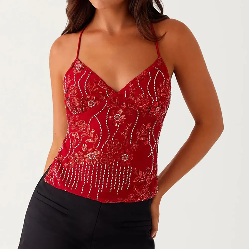 

Sequin Sequin Halter Crop Tops V-neck Cut Beaded Pearl Embellished Cami Tops Cross Backless Flower Embroidered Tie-up Camis Top