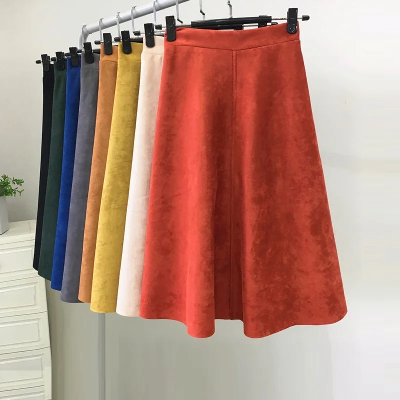 

Women Suede Skirt Long Skirts 2021 Spring Warm Office Lady Vintage Brand A-Line Korean Fashion Clothing Casual Loose Long Skirt