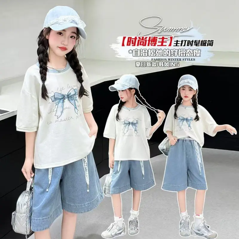Summer Girls Children Set Short Sleeve Teenager Letters Bow T Shirt Loose TPS + Thin Short Denim Jeans Pants 4 5 8 10 12 14 Year