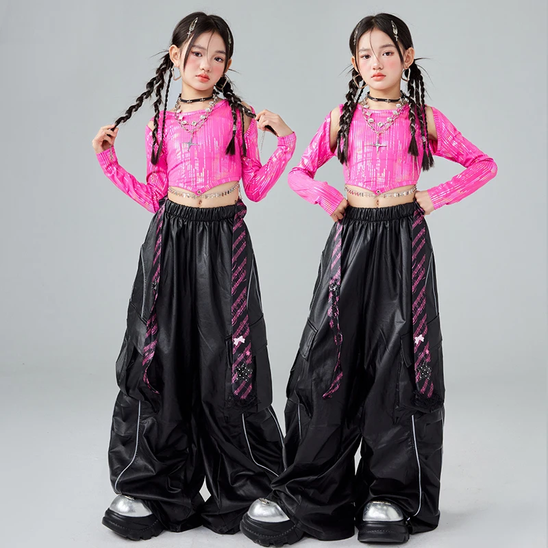 

Танцевальный костюм Kpop для девочек, модная одежда для джазовых выступлений, сценическая одежда, укороченный топ, черные мешковатые брюки, детский наряд для подиума, уличная одежда AMY3143