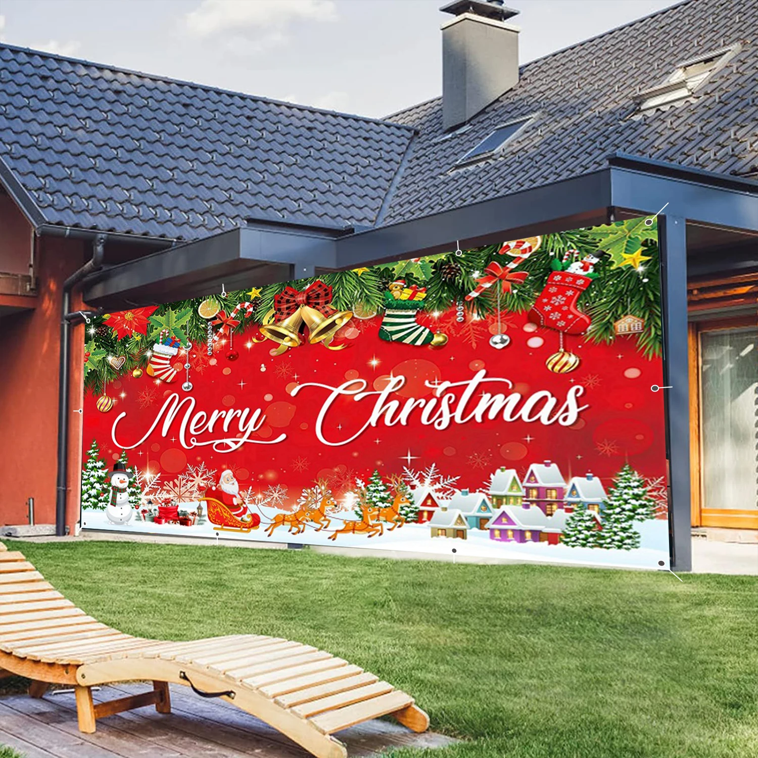 الأحمر عيد ميلاد سعيد المرآب جدار خلفية الشتاء الثلوج منازل صغيرة ثلج سانتا كلوز عيد الميلاد إكليل باب المرآب الإطار مع السنانير