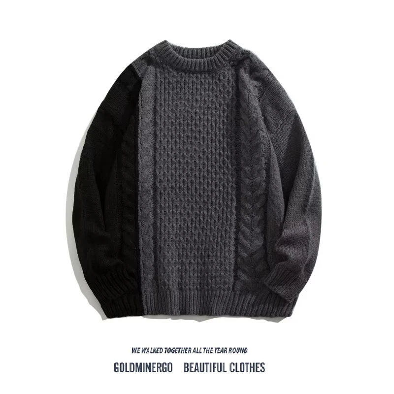 

Модный мужской свободный повседневный вязаный свитер с узором «косы» и цветовыми блоками, круглый вырез, пуловер с длинными рукавами, теплый, из полиэфирного волокна