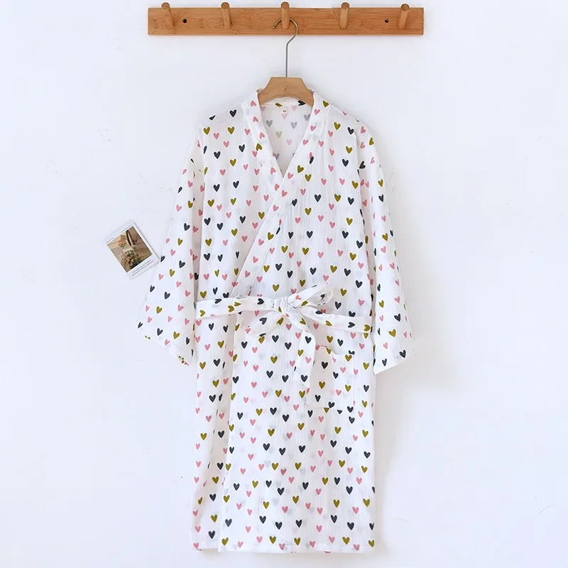 Belt Bathrobe Women's Pure Cotton Gauze New Nightgown Sweet Love Four Seasons Thin Wearable Bath Towel Yukata 4