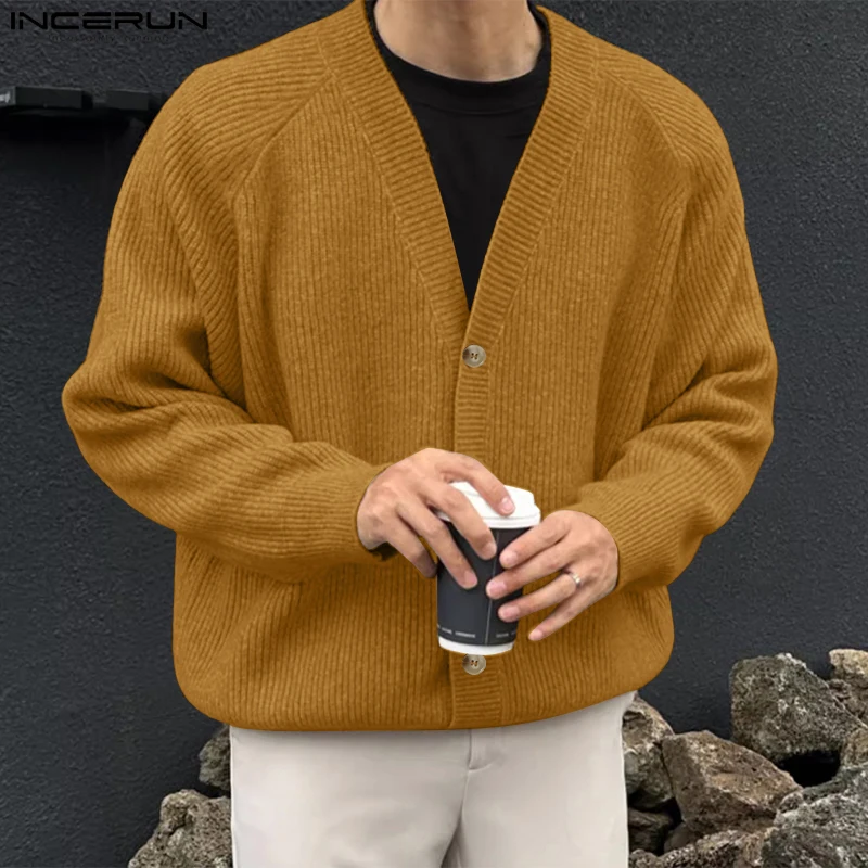 INCERUN Cardigan da uomo maglioni lavorati a maglia tinta unita autunno 2025 scollo a V manica lunga abbigliamento uomo streetwear casual maglione maschile