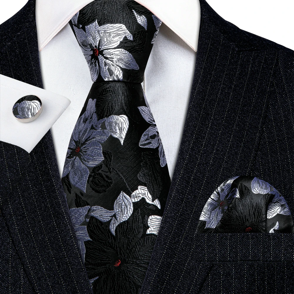 Designer Ties for Men Black Silver Gray Solid Paisley Striped Plaid Floral Neck Tie Pocket Square Cufflinks Set Barry·Wang