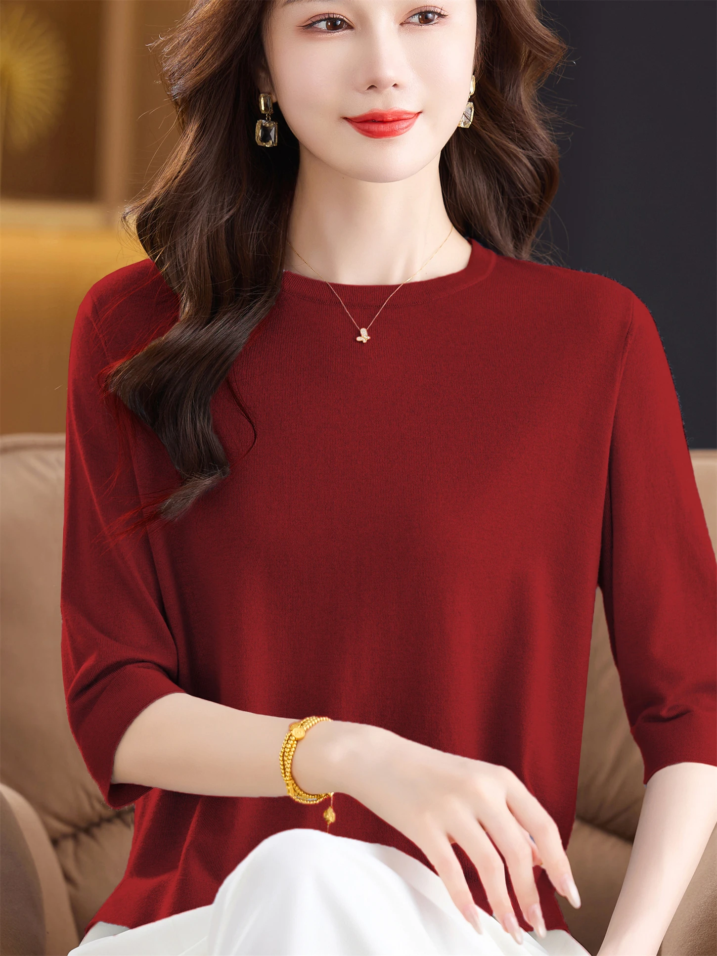 

Faionable Thin Knitted Ice Silk Loose Sve Top for Women Spring Summer Autumn Casual round Ne Regular Sve Bot irt