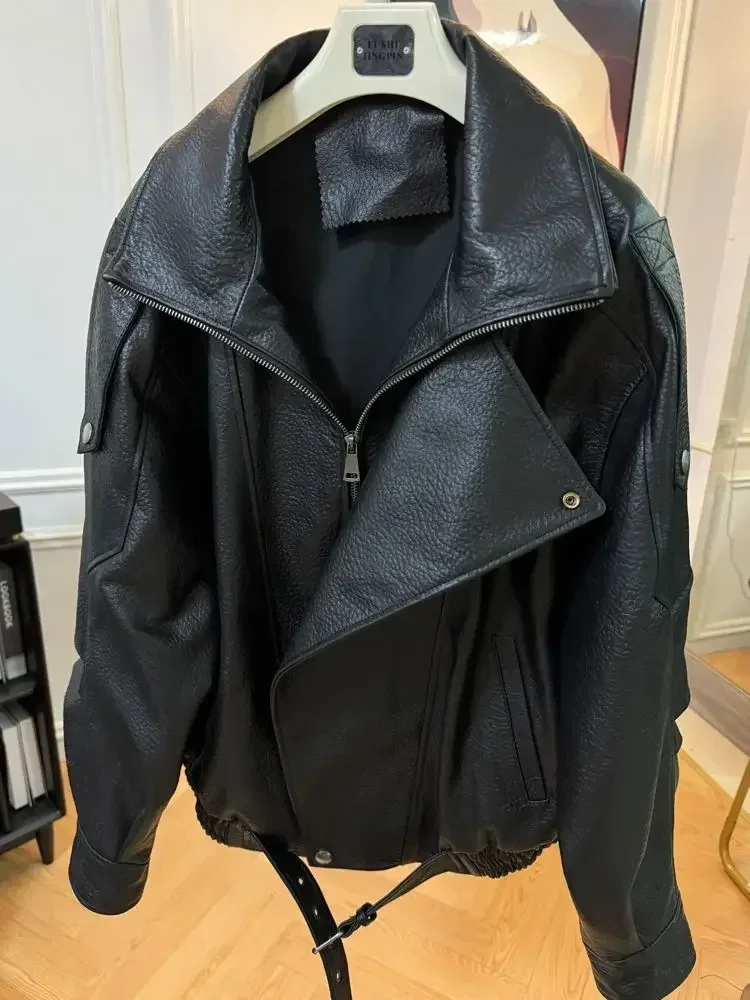 2025 Otoño/Invierno moda chaqueta de cuero negro chaqueta de mujer abrigo casual suelto chaqueta de motocicleta de cuero PU tops para mujer