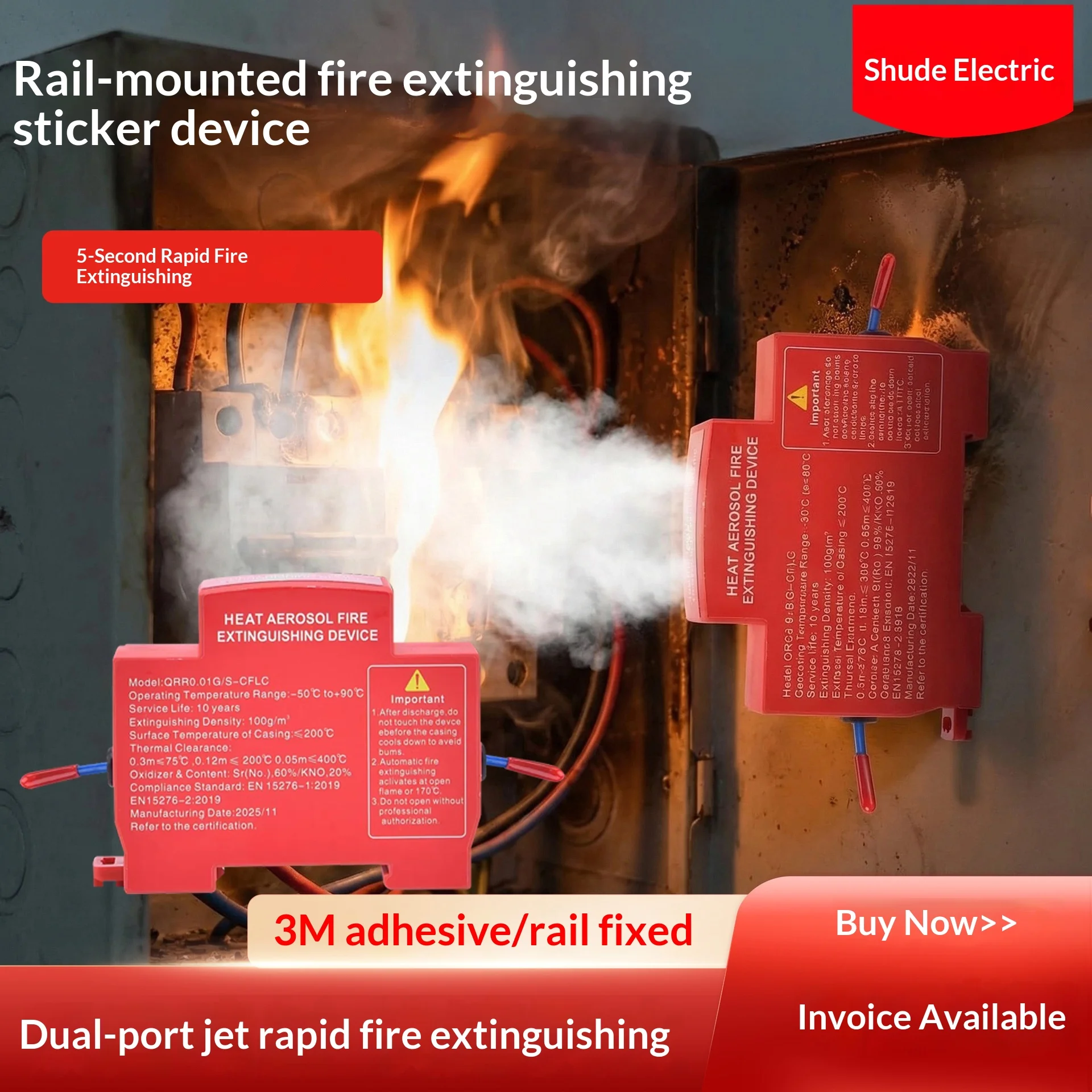 

Automatic Hot Aerosol Fire Sticker for Distribution Box, EV, DIN Rail & Household