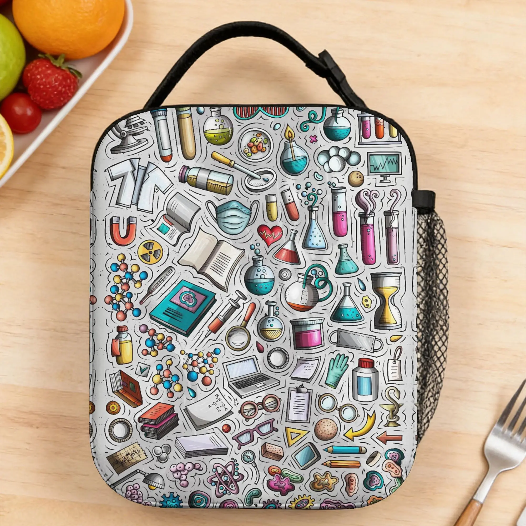 Lunch Bag Science Cartoon Objects Set School Lunch Box For Women  Cute Portable Designer Cooler Bag