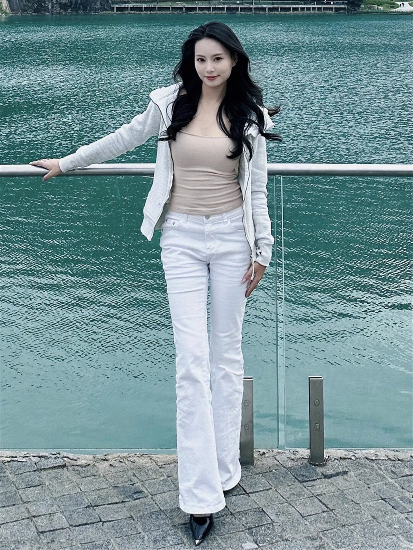 

White High Waist Bell Bottom Denim Jeans Women's Autumn Winter Tight Elastic Tall Extended American Street Floor Length Pants