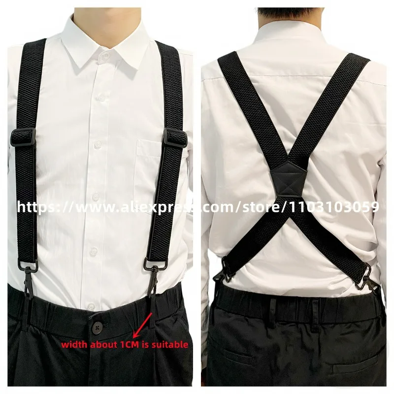 남성용 헤비 듀티 작업 멜빵 조정 가능한 탄성 3.5cm 폭 X자형 4개 회전 스냅 후크 바이커 스노우보드 바지 교정기