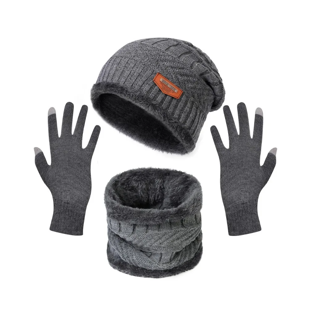 

4pcs/set Soft Winter Beanie Hat Scarf Set Thermal Protection Thicken Thermal Knitted Gloves Cap Fleece Lined Warm Wool Hat
