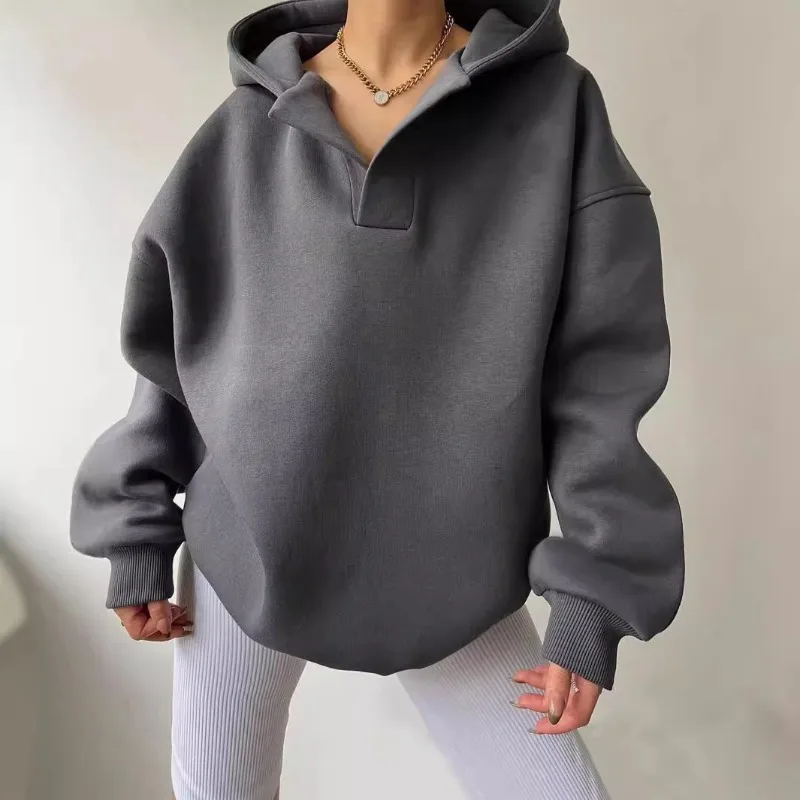 Autumn Winter Women's Pullovers Solid Color Long Sleeved Hooded Loose Casual  Hoodie Lady's Oversize Tops Sweatshirt 2025 New