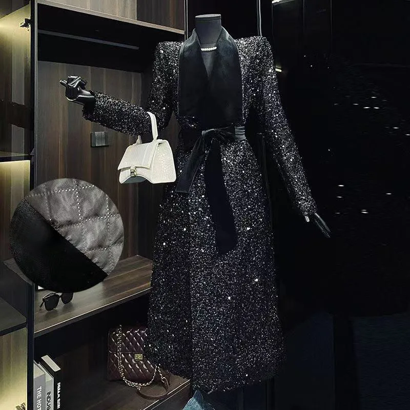 

American Heavy Industry Sequin Hepburn Wind Shrinks Waist to Show Slim Long Style Cotton Coat Women's 2025 Winter New Celebrity