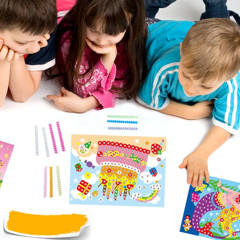 Crianças adesivos brinquedo diy pacote de material artesanal bola de pelúcia/diamante/botão/eva/ponto quebra-cabeça brinquedos crianças recompensas presentes aniversário tmz