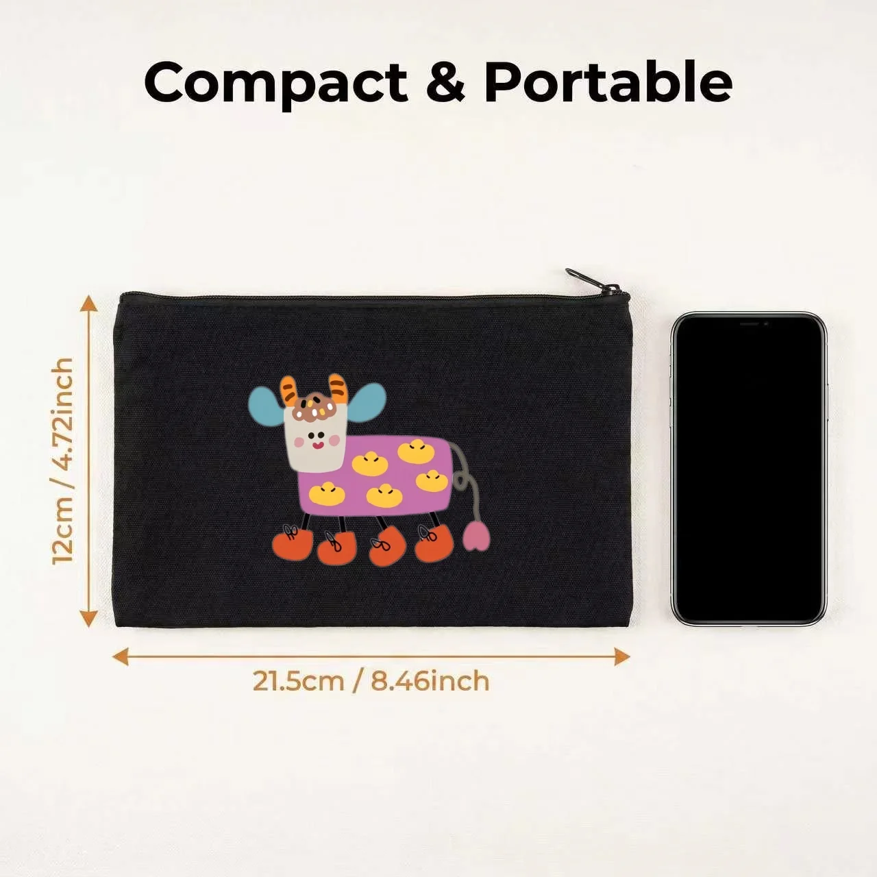 1PC Abstract Color Block Cow With Little Chicks Canvas Cosmetic Bag Double Sided Portable Travel Zipper Pouch