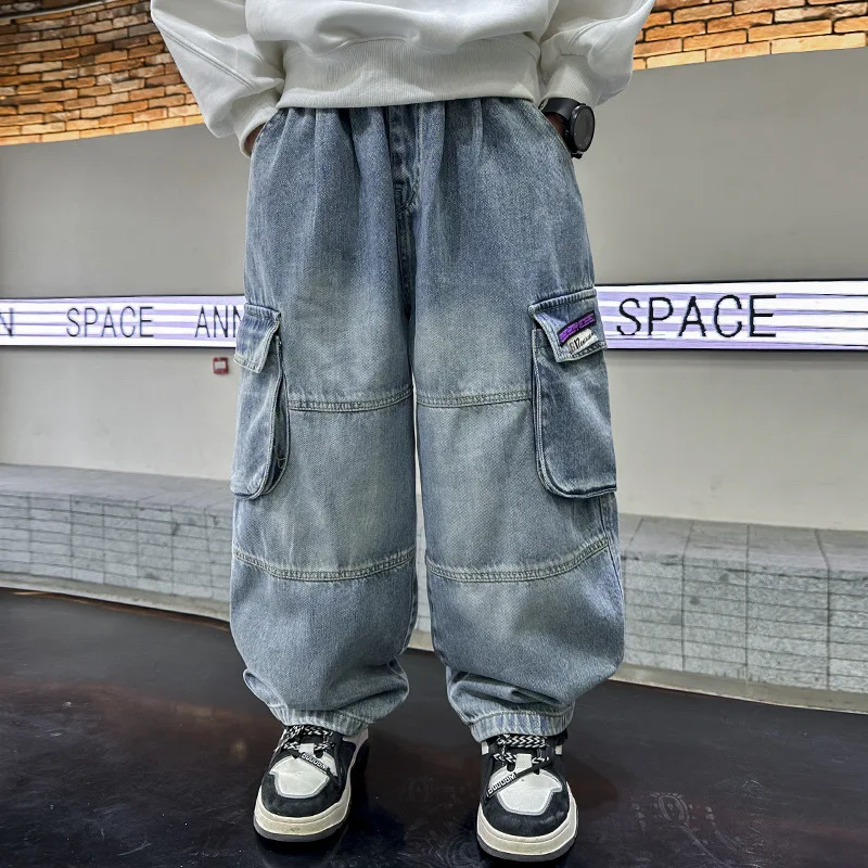 

Kids Heavy Work Baggy Cargo Jeans for Teens Boy Loose Fit Pocket Denim Pants Tweens Child Fashion Autumn Spring Jeans Trousers