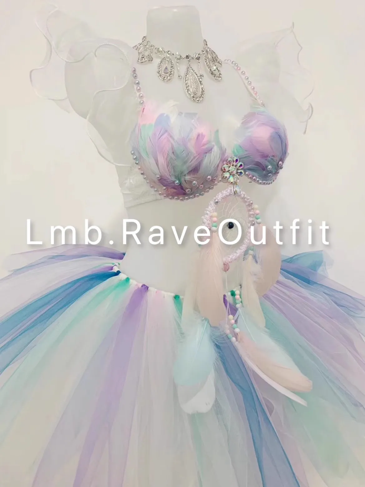 Colorful Feather Pearl Bikini Yarn Tutu Party Skirt Sweet Temperament Chiffon Electric Syllabus Singer Dance Stage Rave Outfit