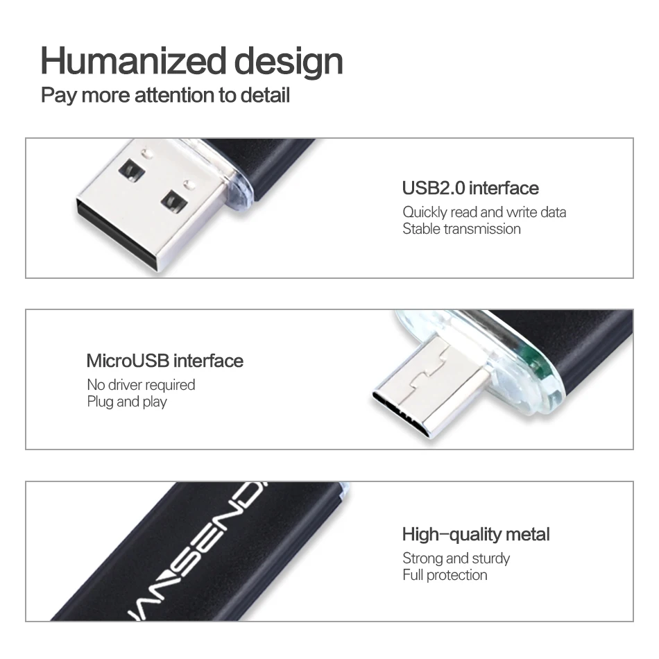 Wansenda-micro usb flash drive 2.0, otg, 4gb, 8gb, 16gb, 32gb, 64gb, memory stick