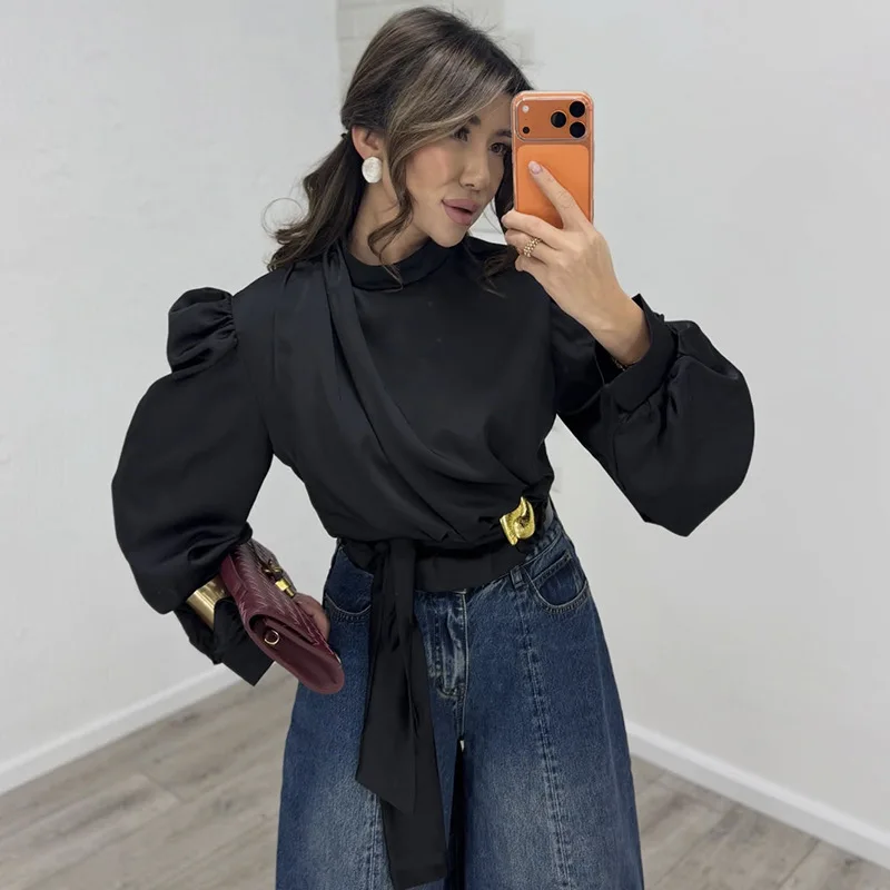 2026 Spring Cross-border Women's Clothing Fashionable Elegant Temperament Design with A Round Neck Puffed Sleeves Lace-up Shirt