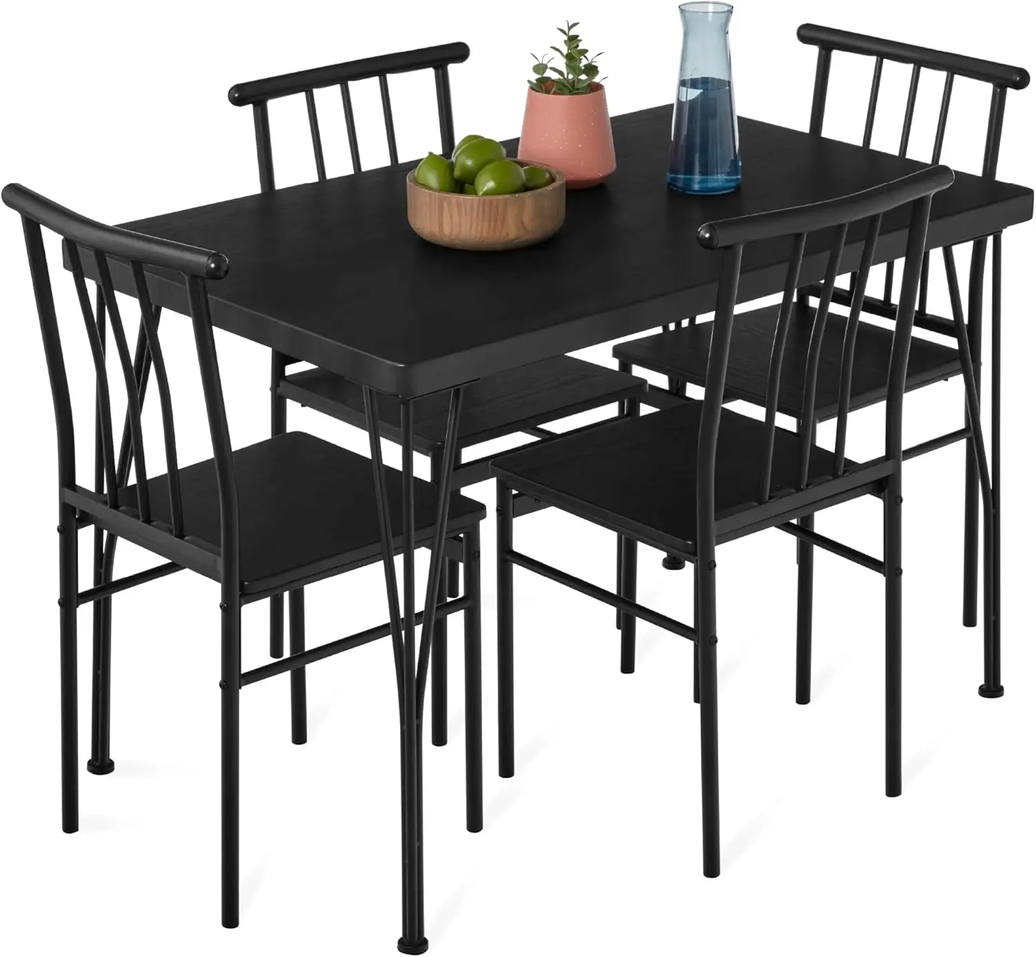 

5-piece set of metal and wood indoor modern rectangular dining table furniture, kitchen, dining room, with 4 chairs - black