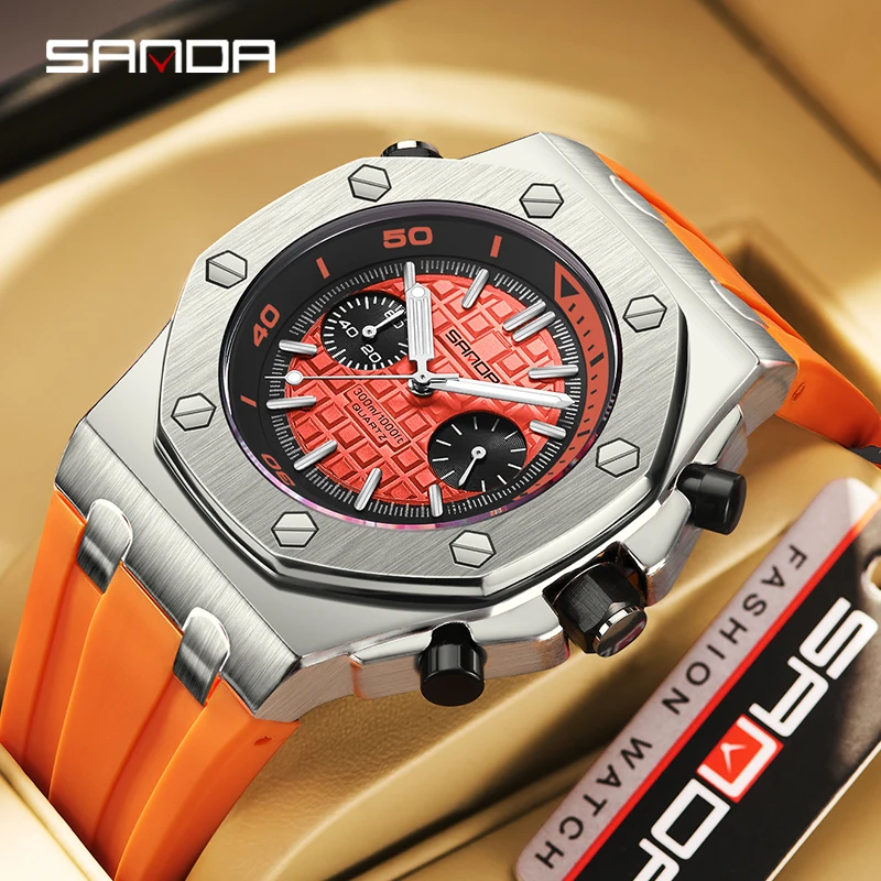 SANDA Luxury Personality Quartz Men Watch 2023 New Design Orange Silicone Strap Sports Style Mens Watches Shockproof Reloj 7027