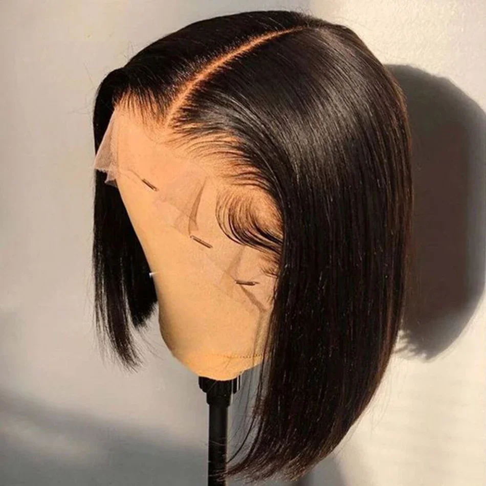 Perruque Bob Lace Front Wig Remy Naturelle Lisse, Cheveux Courts, 4x4, 13x4, pour Femme Africaine