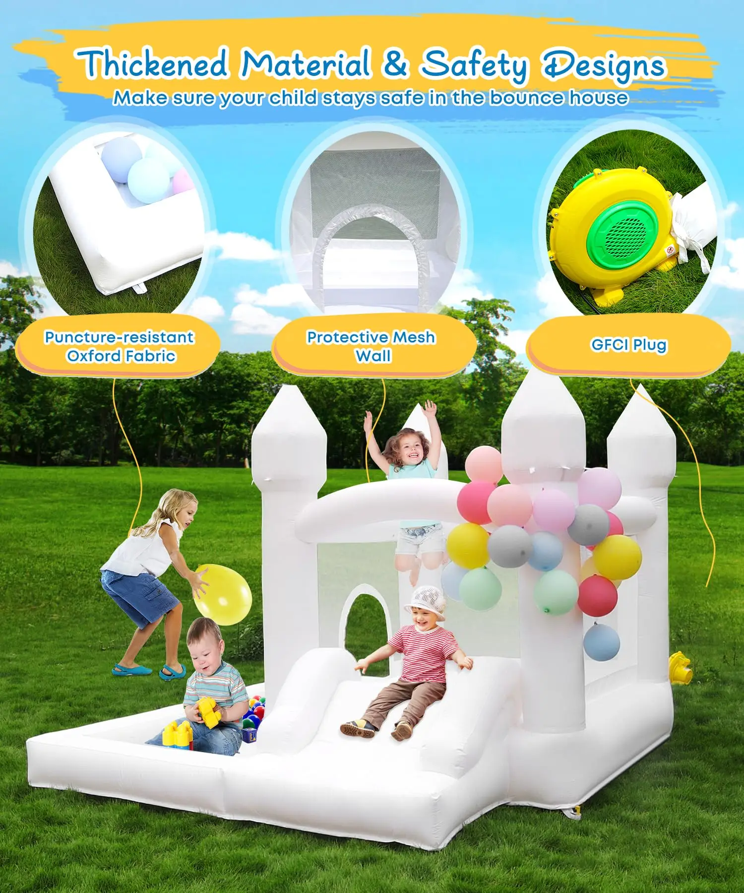 White Bounce House with Blower Included, 9x9x7FT Inflatable Bounce House Castle Fun for Kids Birthday Party