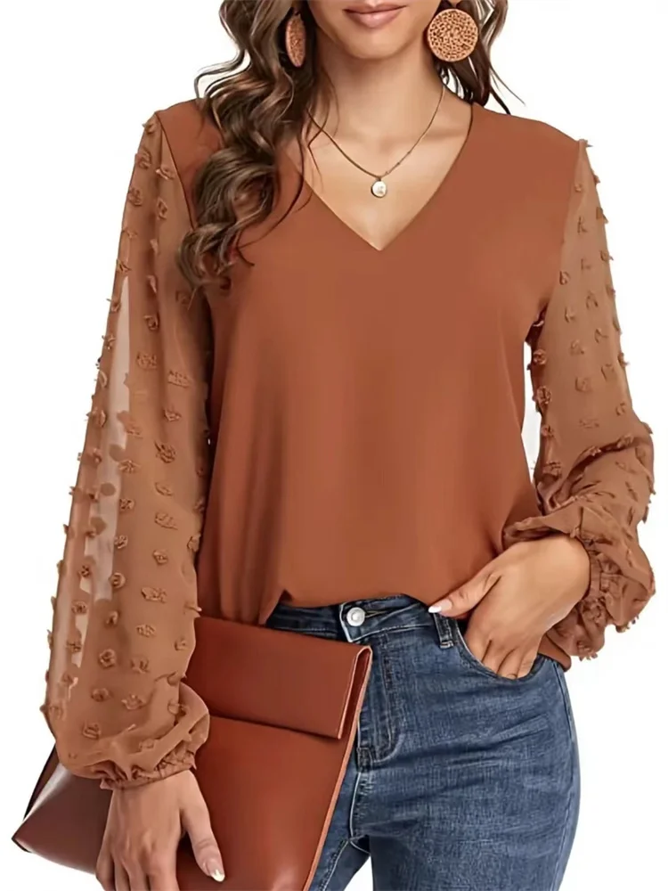 Women Spring Summer Style Blouses Shirts Lady Casual V-Neck Long Lantern Sleeve Solid color Blouse Tops DF5016