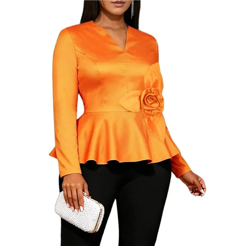

CYL-Women's Shiny Orange V Neck Long Sleeve 3D Flower Peplum Top For Evening And Business Events