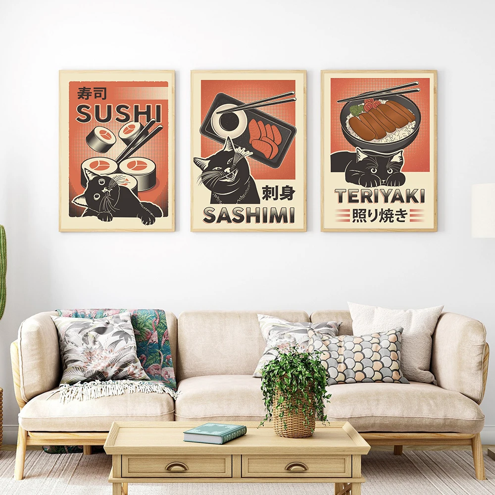 Vintage Japanese Food Teriyaki Sushi Onigiri Cat Art Posters Canvas Painting Wall Prints Picture for Living Room Kitchen Decor