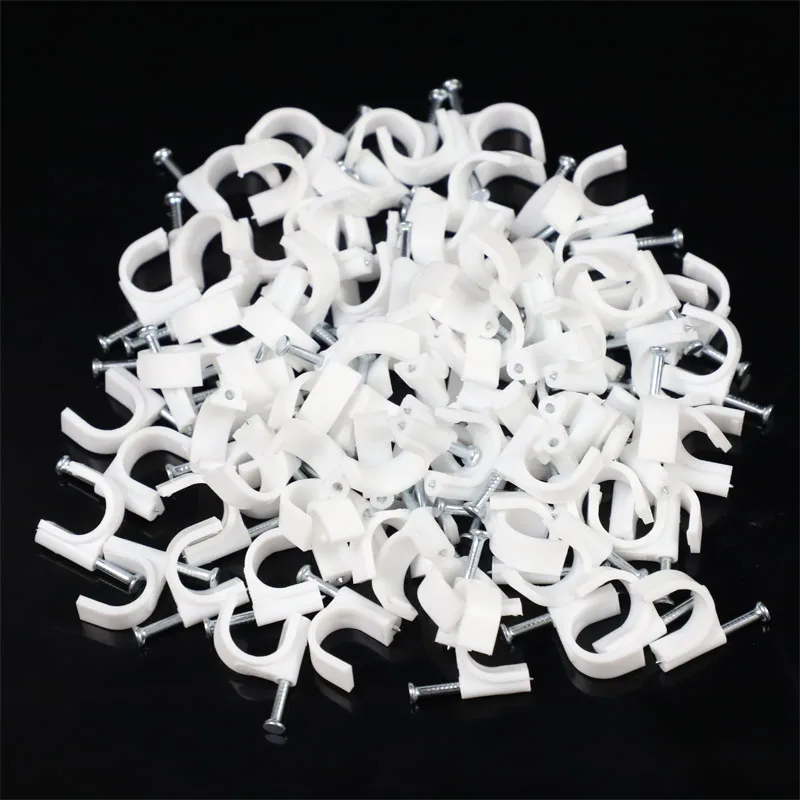 100 sztuk 6mm okrągłe stalowe paznokci kabel drutu ściany wiszące śruba kabel z zaciskami klip dla RG59 RG6 biały wysoka jakość niska cena korzystne