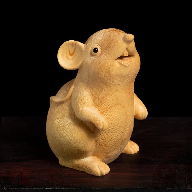 Boxwood Sculpture Luy Feng Shui Zodiac Rat Wood Living Room Decorative Carving Crafts Mouse Animal Statue Home Decor